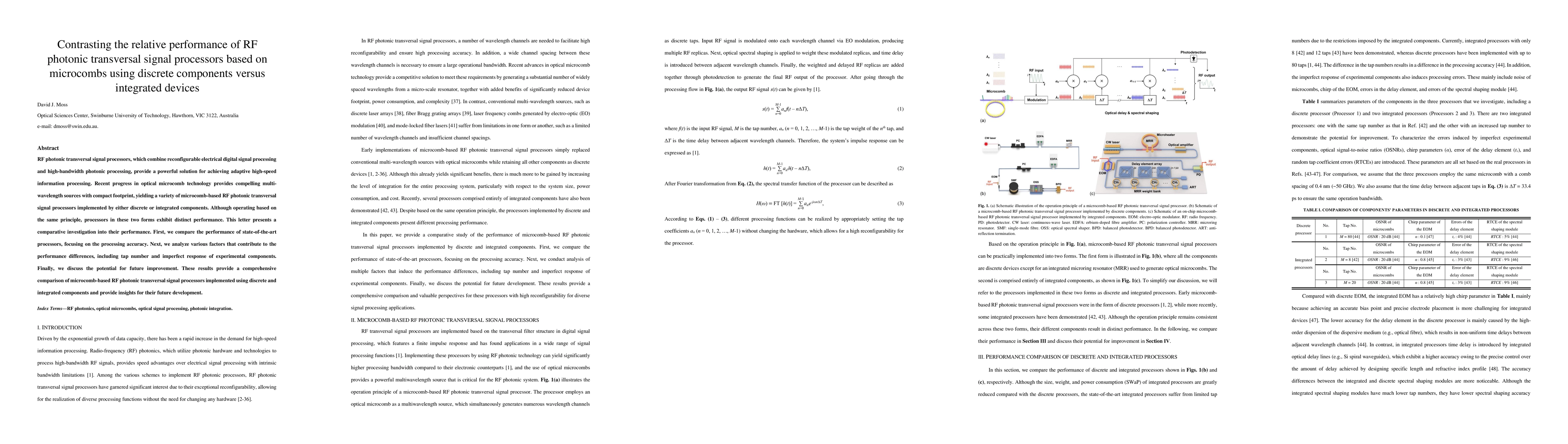 Thumbnail for Contrasting the relative performance of RF photonic transversal signal
  processors based on microcombs using discrete components versus integrated
  devices