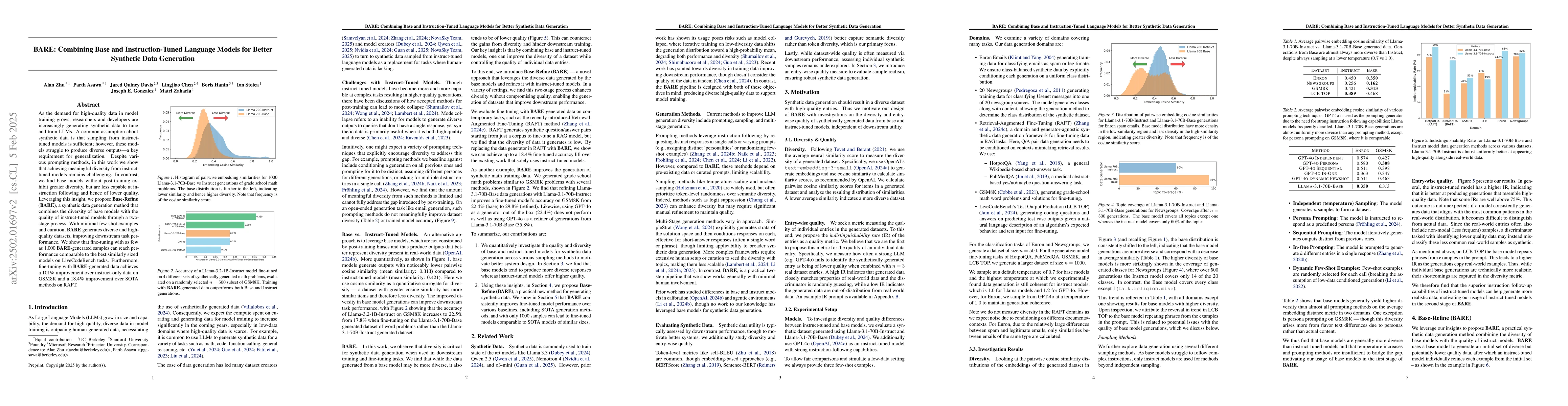 Thumbnail for BARE: Combining Base and Instruction-Tuned Language Models for Better
  Synthetic Data Generation