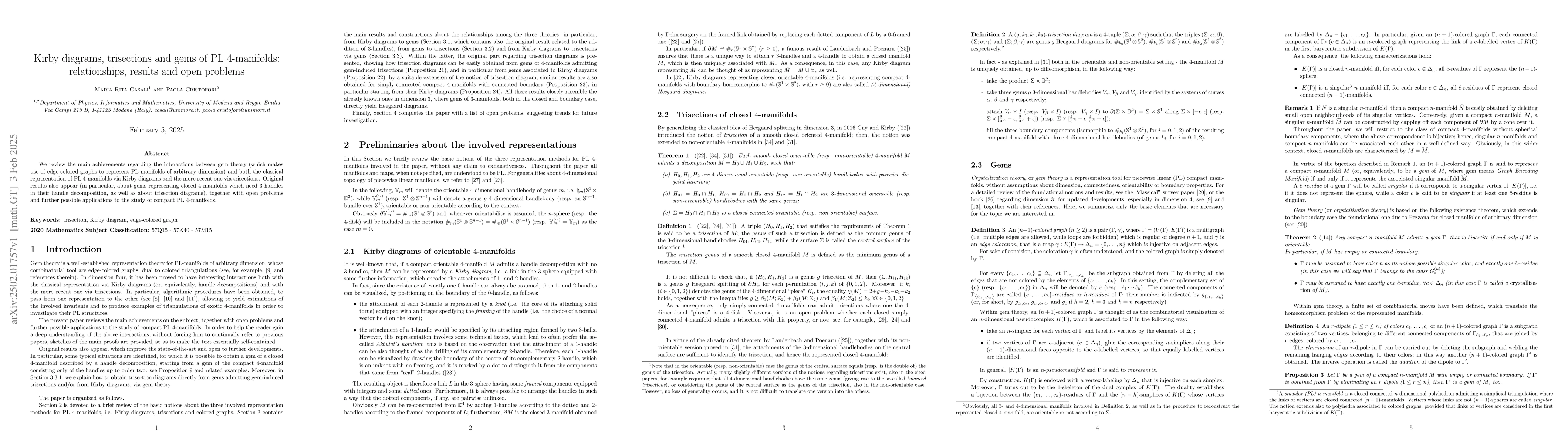 Thumbnail for Kirby diagrams, trisections and gems of PL 4-manifolds: relationships,
  results and open problems