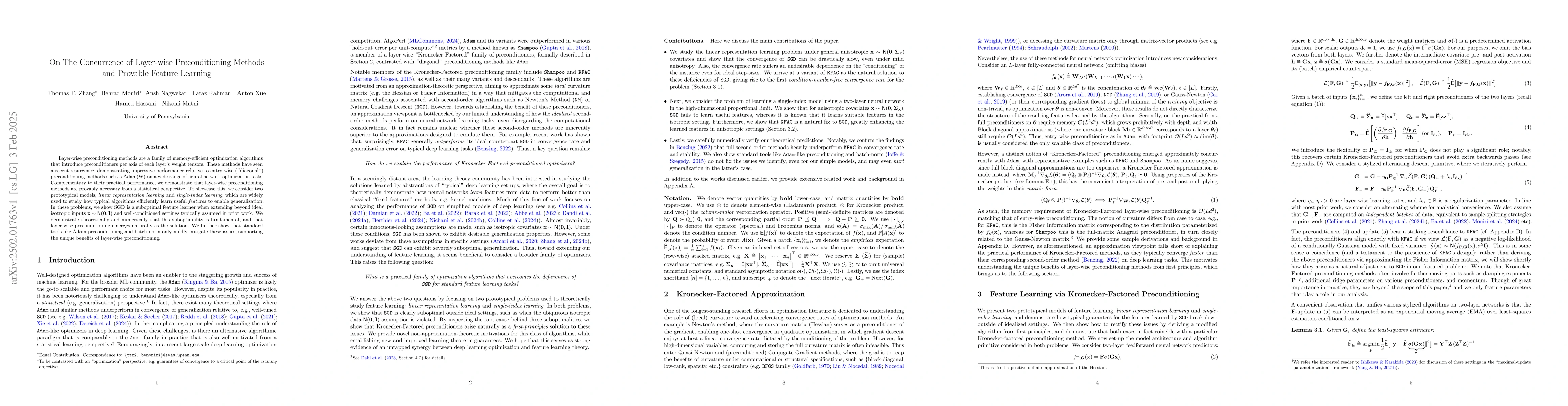 Thumbnail for On The Concurrence of Layer-wise Preconditioning Methods and Provable
  Feature Learning
