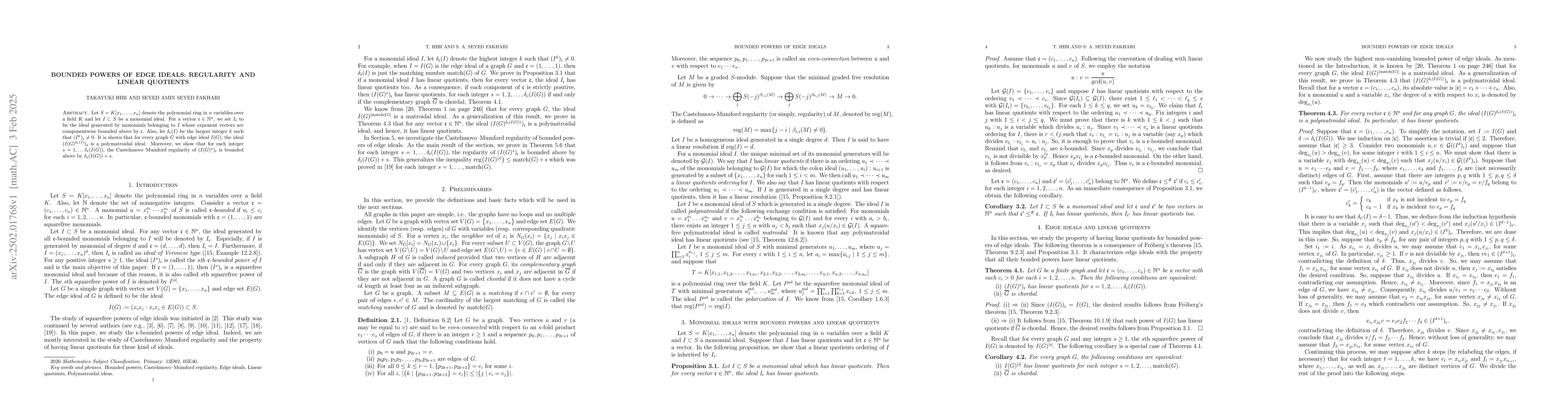 Thumbnail for Bounded powers of edge ideals: regularity and linear quotients