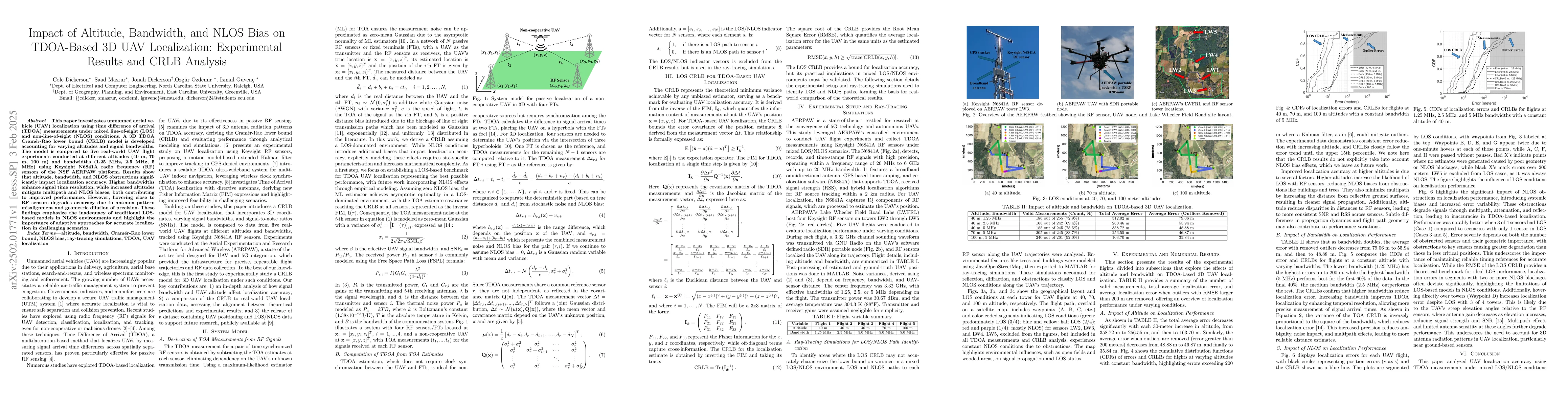 Thumbnail for Impact of Altitude, Bandwidth, and NLOS Bias on TDOA-Based 3D UAV
  Localization: Experimental Results and CRLB Analysis