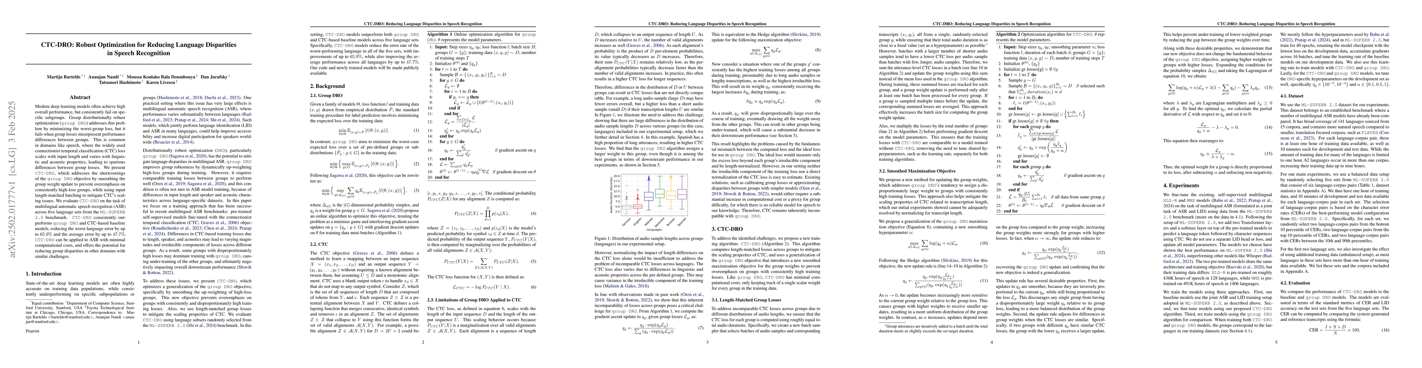 Thumbnail for CTC-DRO: Robust Optimization for Reducing Language Disparities in Speech
  Recognition