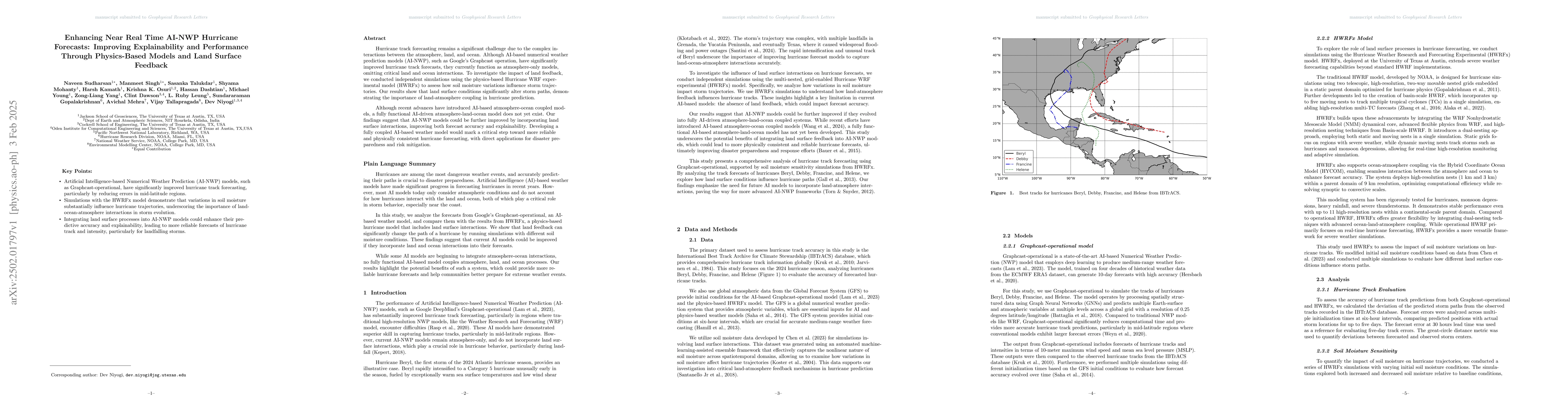 Thumbnail for Enhancing Near Real Time AI-NWP Hurricane Forecasts: Improving
  Explainability and Performance Through Physics-Based Models and Land Surface
  Feedback