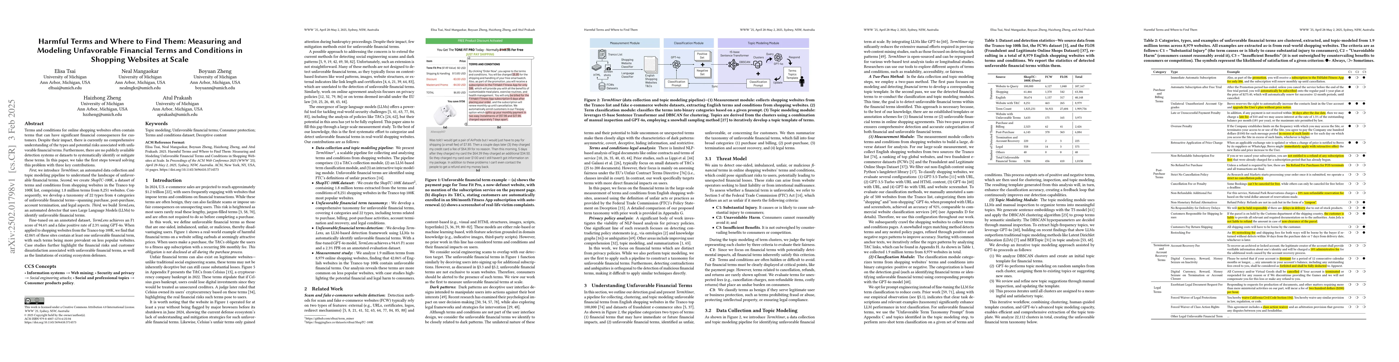 Thumbnail for Harmful Terms and Where to Find Them: Measuring and Modeling Unfavorable
  Financial Terms and Conditions in Shopping Websites at Scale
