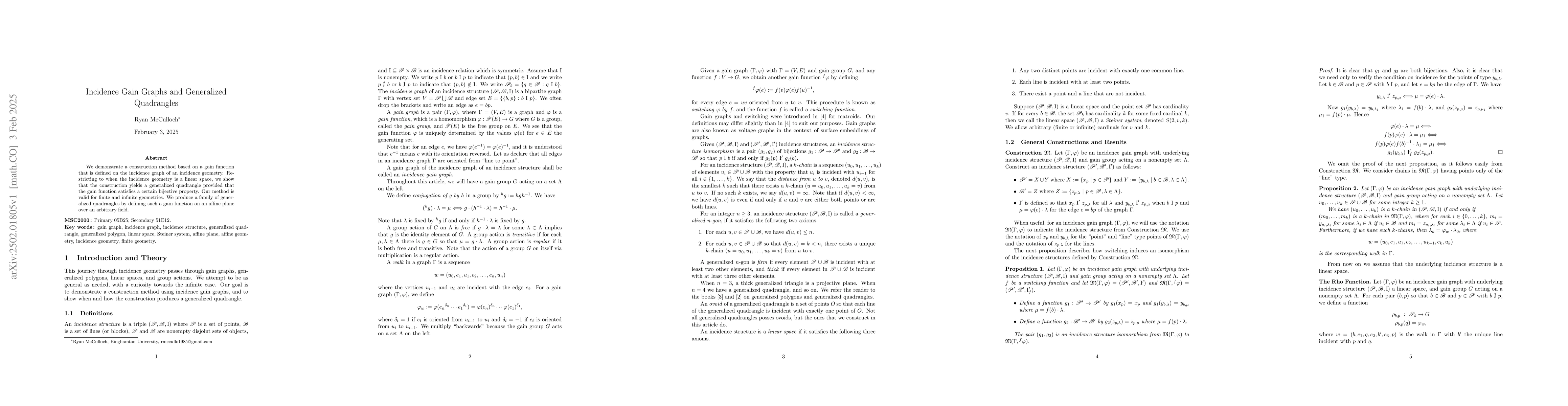 Thumbnail for Incidence Gain Graphs and Generalized Quadrangles