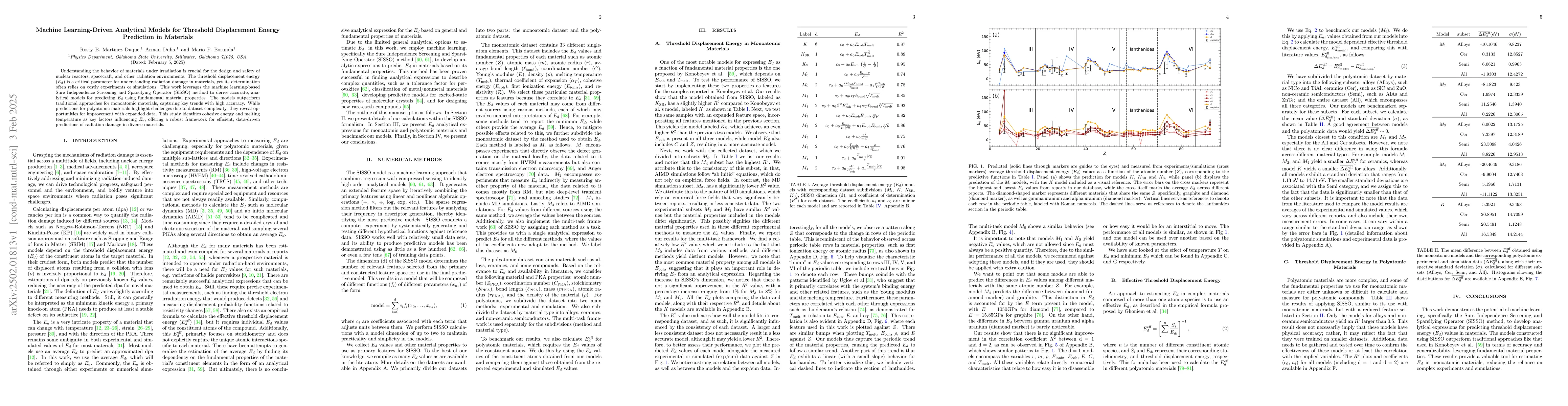 Thumbnail for Machine Learning-Driven Analytical Models for Threshold Displacement
  Energy Prediction in Materials