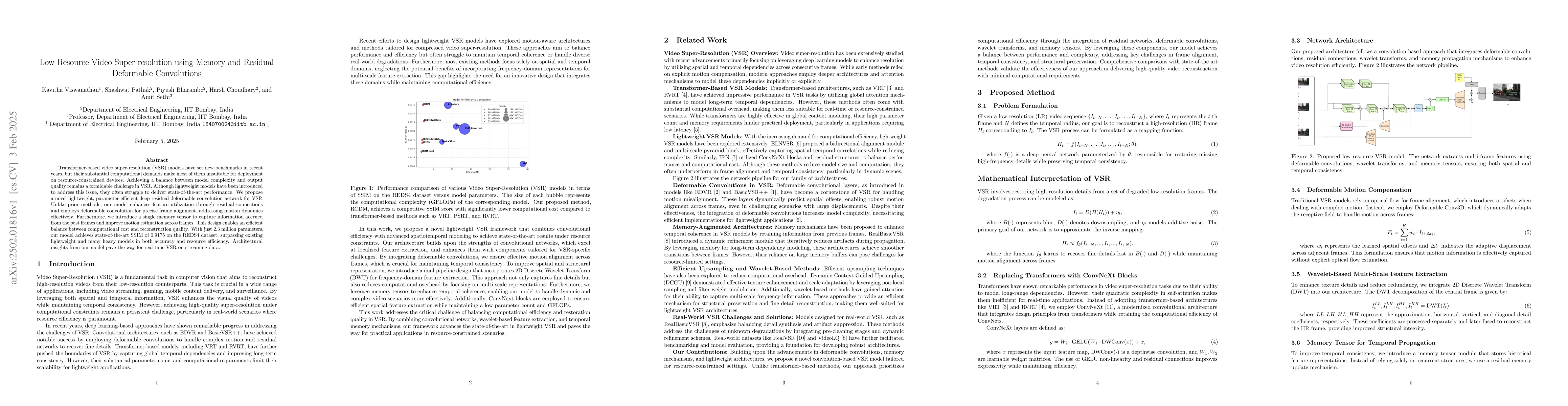 Thumbnail for Low Resource Video Super-resolution using Memory and Residual Deformable
  Convolutions