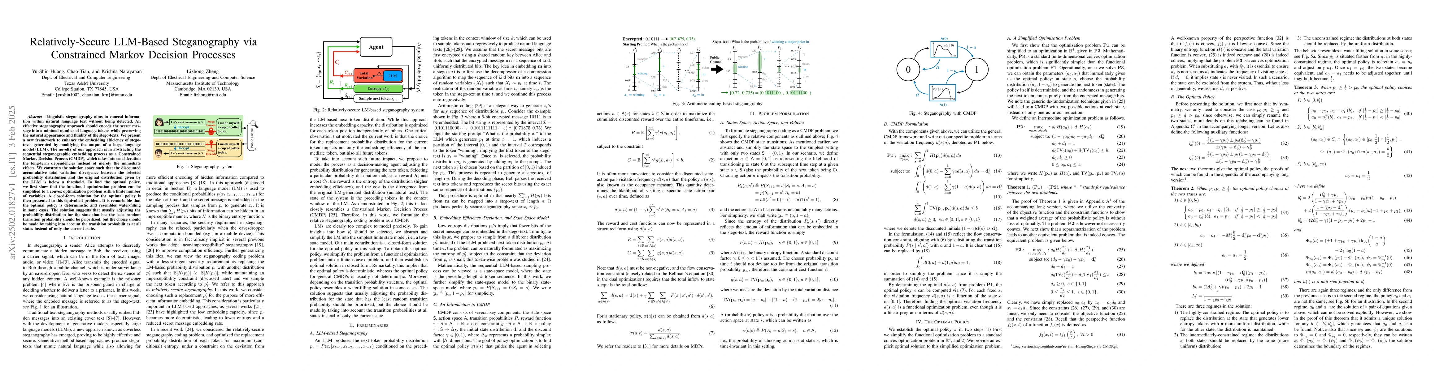 Thumbnail for Relatively-Secure LLM-Based Steganography via Constrained Markov
  Decision Processes