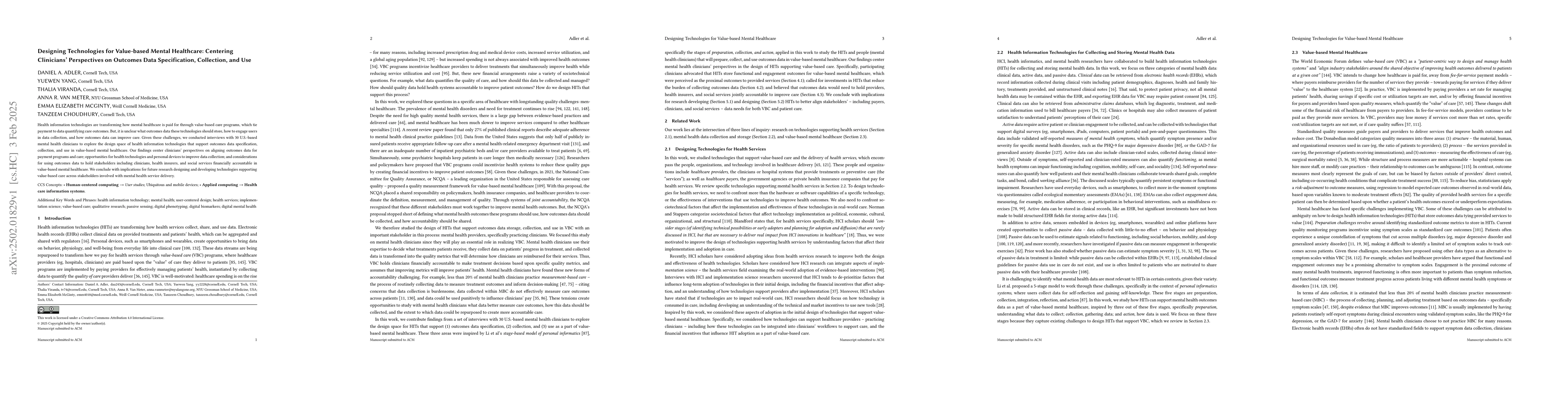 Thumbnail for Designing Technologies for Value-based Mental Healthcare: Centering
  Clinicians' Perspectives on Outcomes Data Specification, Collection, and Use