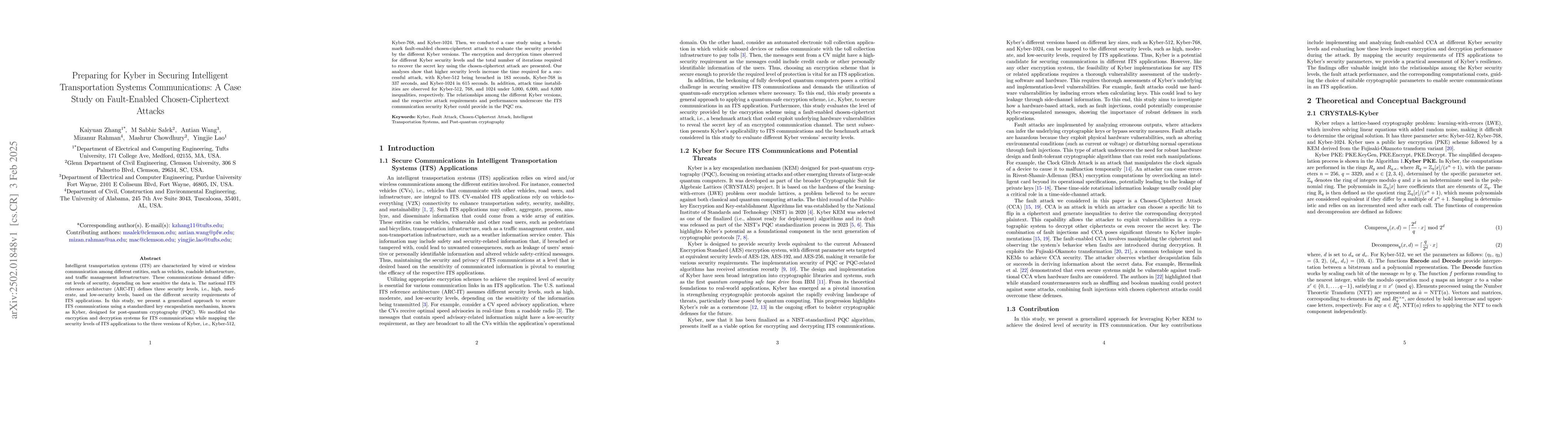 Thumbnail for Preparing for Kyber in Securing Intelligent Transportation Systems
  Communications: A Case Study on Fault-Enabled Chosen-Ciphertext Attack