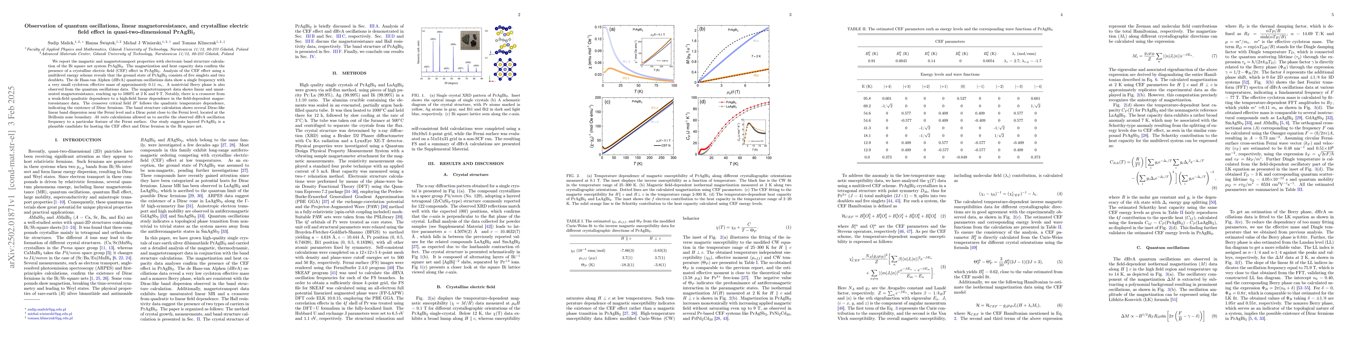 Thumbnail for Observation of quantum oscillations, linear magnetoresistance, and
  crystalline electric field effect in quasi-two-dimensional PrAgBi$_2$