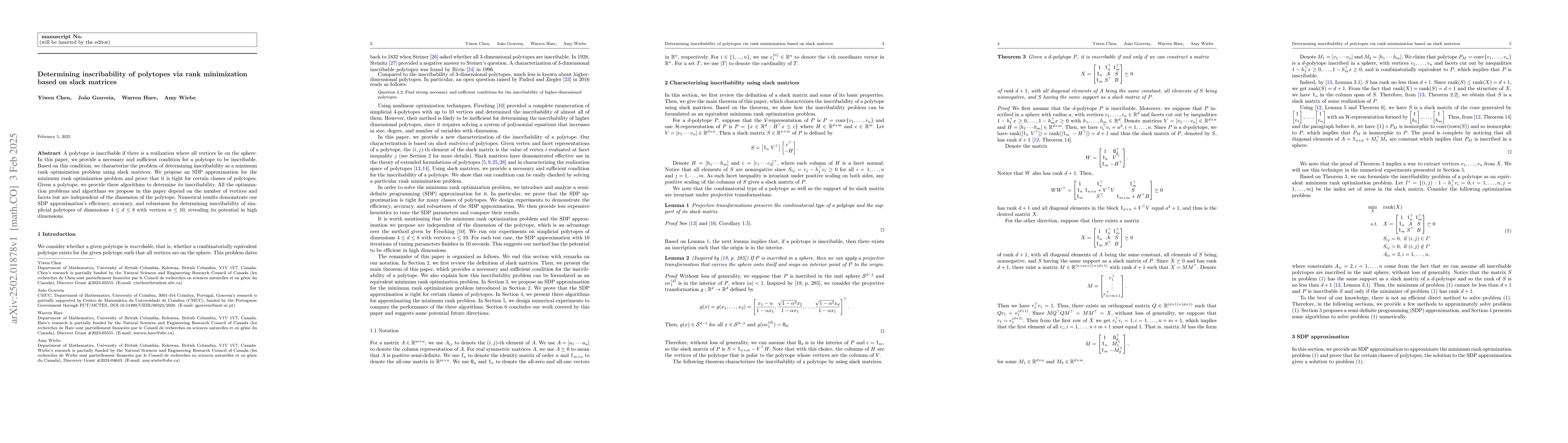 Thumbnail for Determining inscribability of polytopes via rank minimization based on
  slack matrices