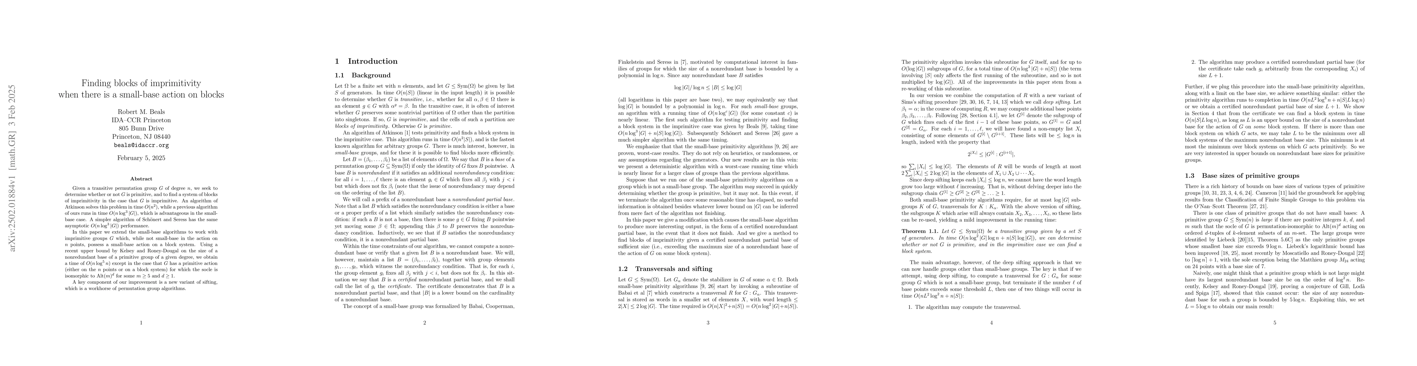 Thumbnail for Finding Blocks of Imprimitivity When There is a Small-Base Action on
  Blocks