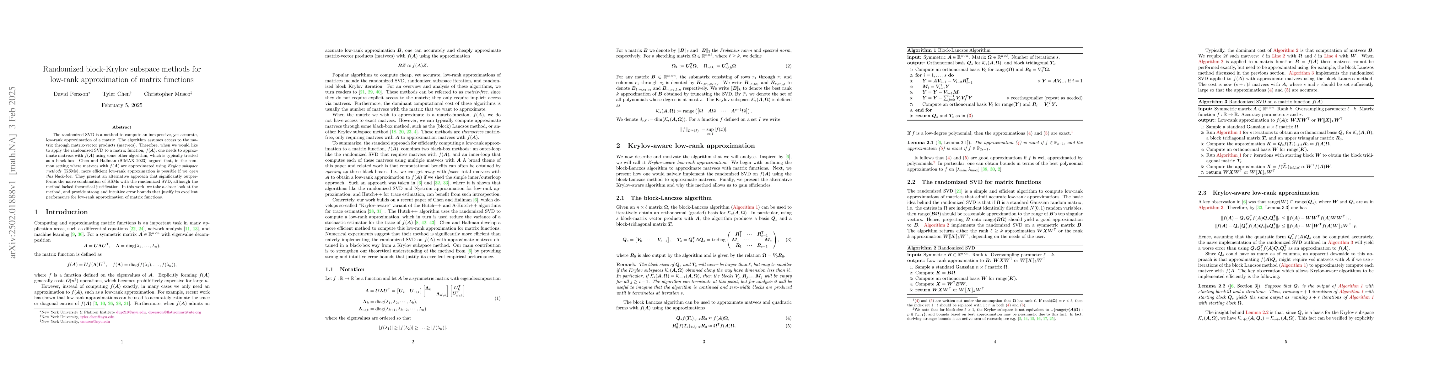 Thumbnail for Randomized block-Krylov subspace methods for low-rank approximation of
  matrix functions