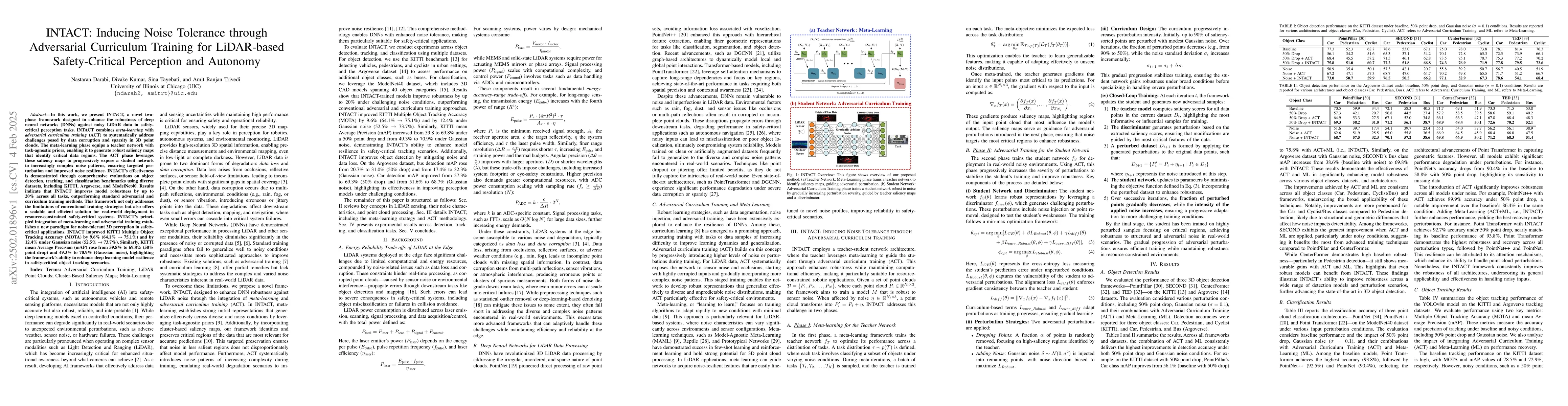 Thumbnail for INTACT: Inducing Noise Tolerance through Adversarial Curriculum Training
  for LiDAR-based Safety-Critical Perception and Autonomy