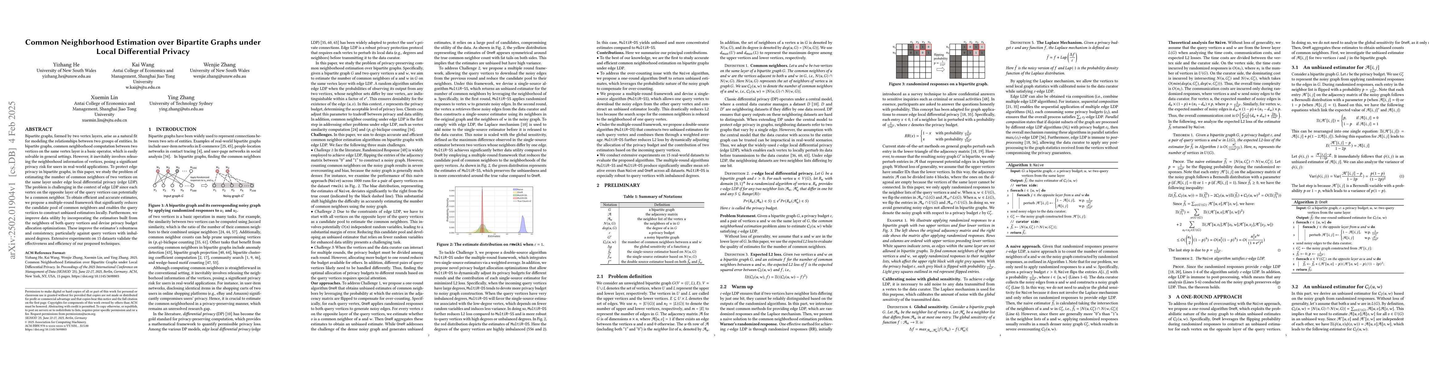 Thumbnail for Common Neighborhood Estimation over Bipartite Graphs under Local
  Differential Privacy