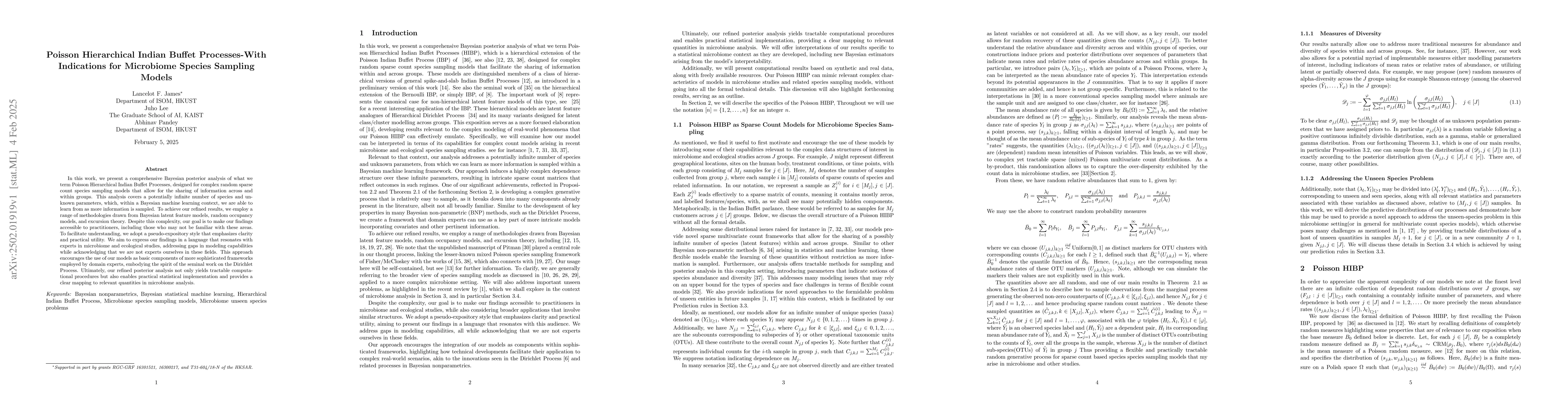 Thumbnail for Poisson Hierarchical Indian Buffet Processes for Within and Across Group
  Sharing of Latent Features-With Indications for Microbiome Species Sampling
  Models