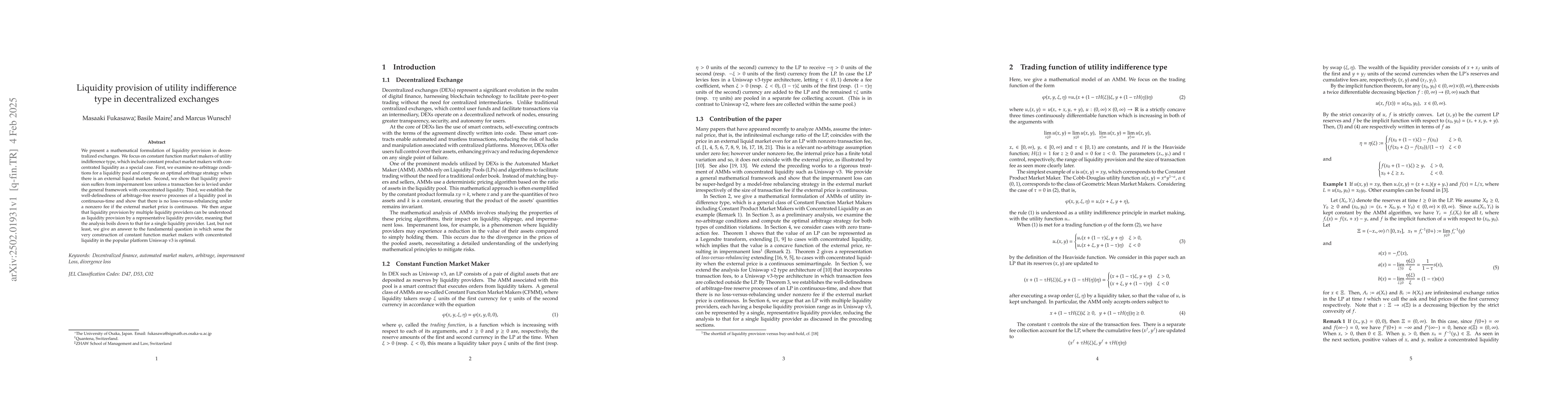 Thumbnail for Liquidity provision of utility indifference type in decentralized
  exchanges