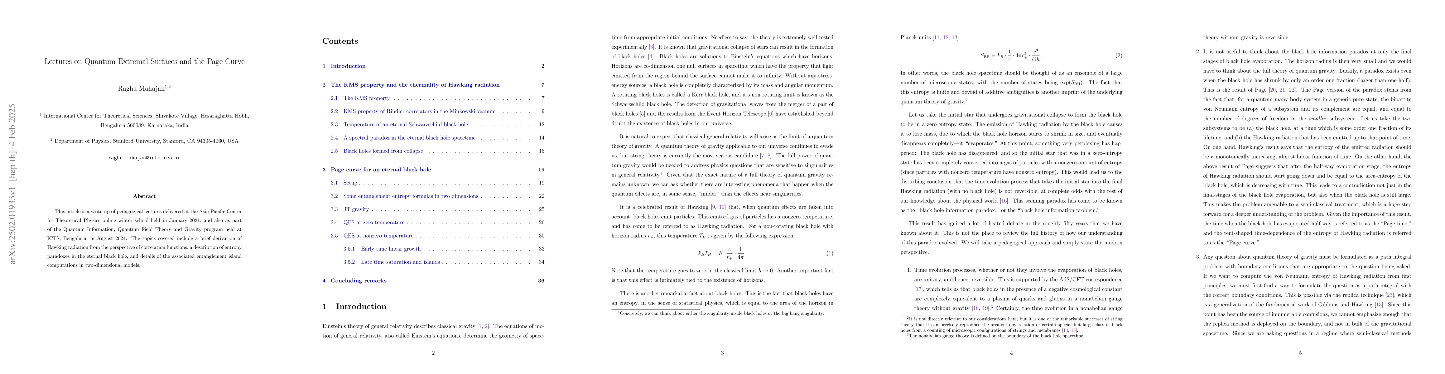 Thumbnail for Lectures on Quantum Extremal Surfaces and the Page Curve