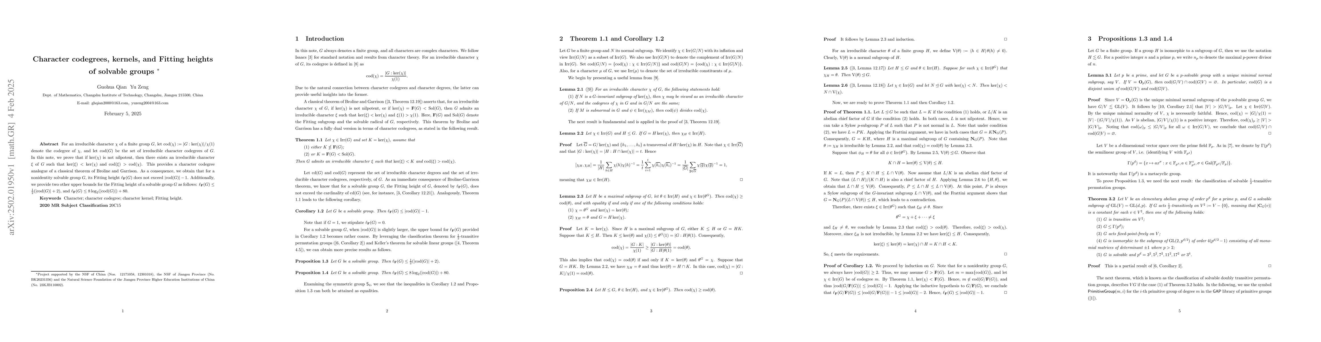 Thumbnail for Character codegrees, kernels, and Fitting heights of solvable groups