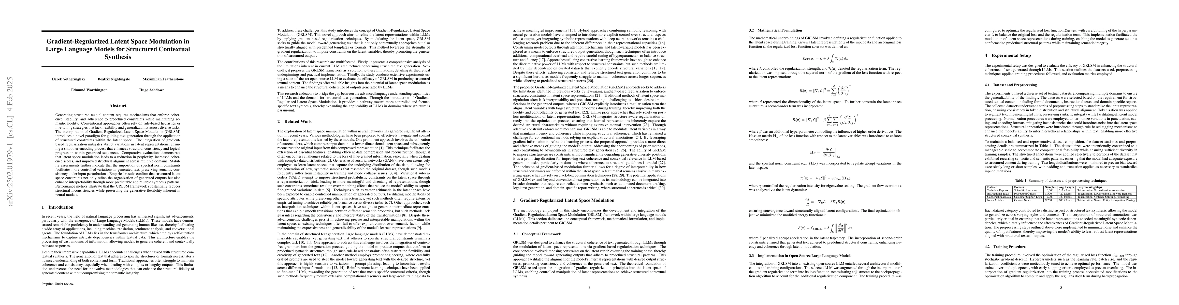 Thumbnail for Gradient-Regularized Latent Space Modulation in Large Language Models
  for Structured Contextual Synthesis