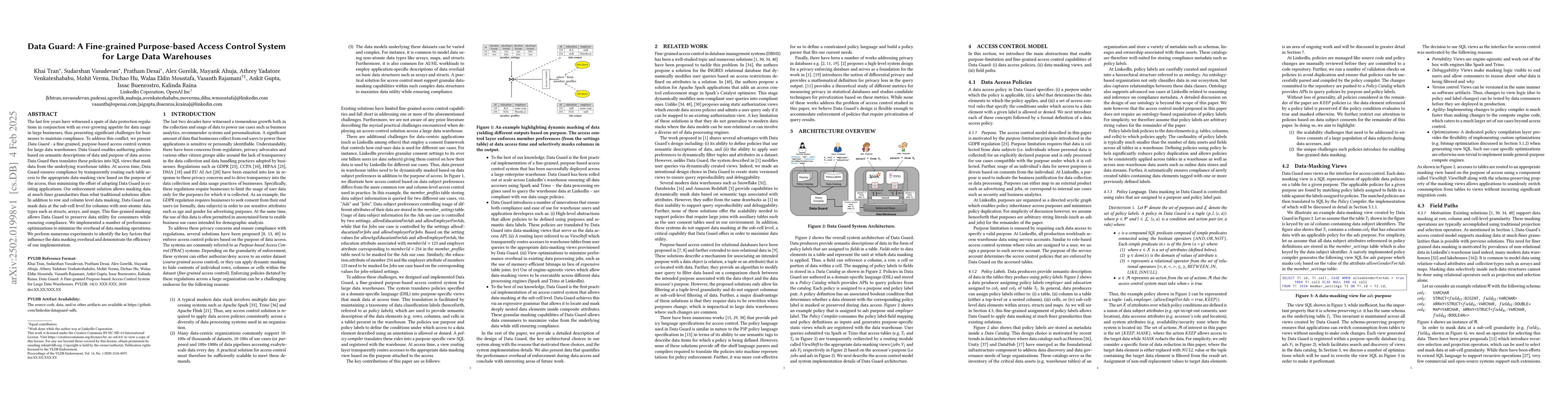 Thumbnail for Data Guard: A Fine-grained Purpose-based Access Control System for Large
  Data Warehouses