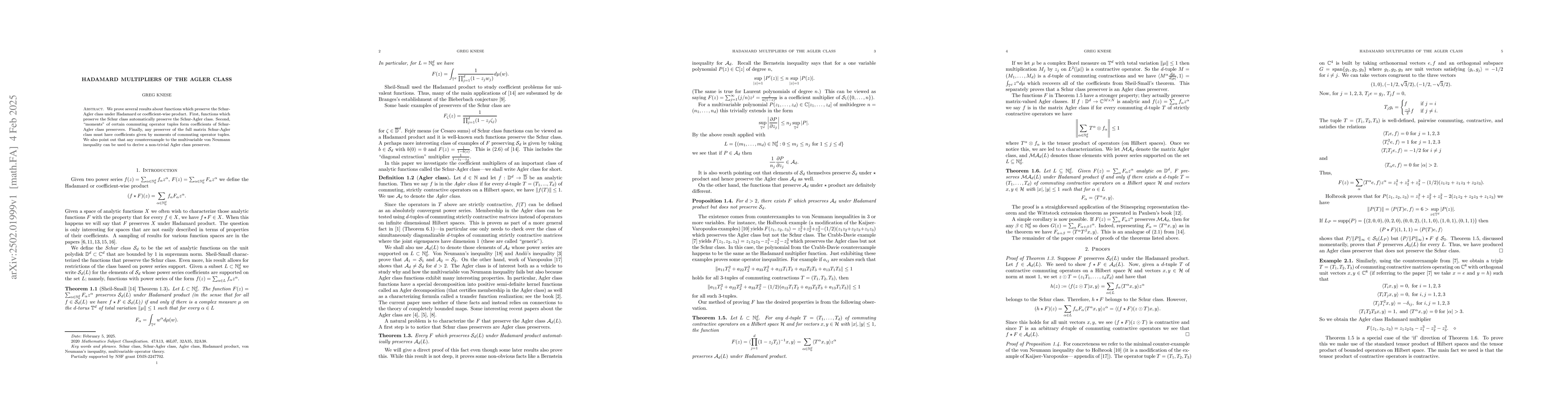 Thumbnail for Hadamard multipliers of the Agler class