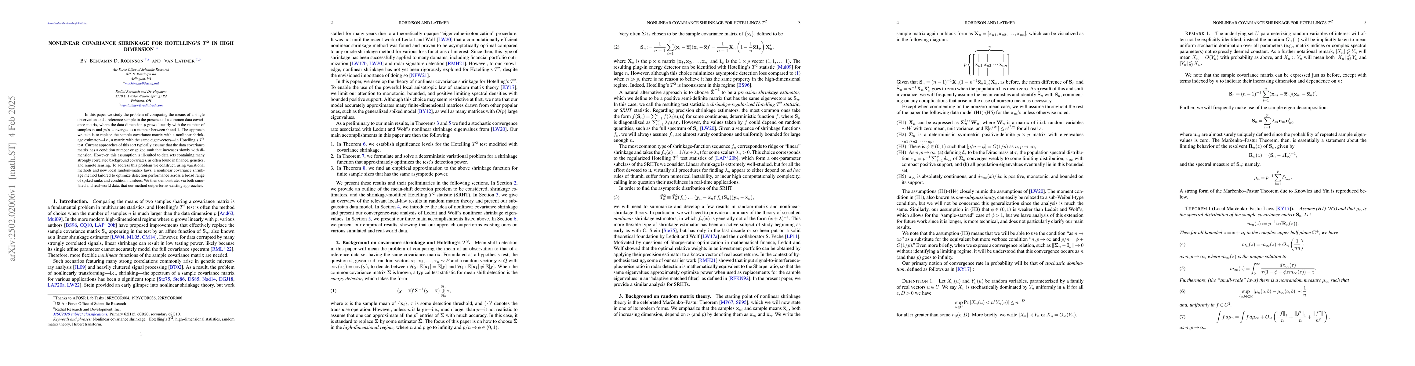 Thumbnail for Nonlinear Covariance Shrinkage for Hotelling's $T^2$ in High Dimension