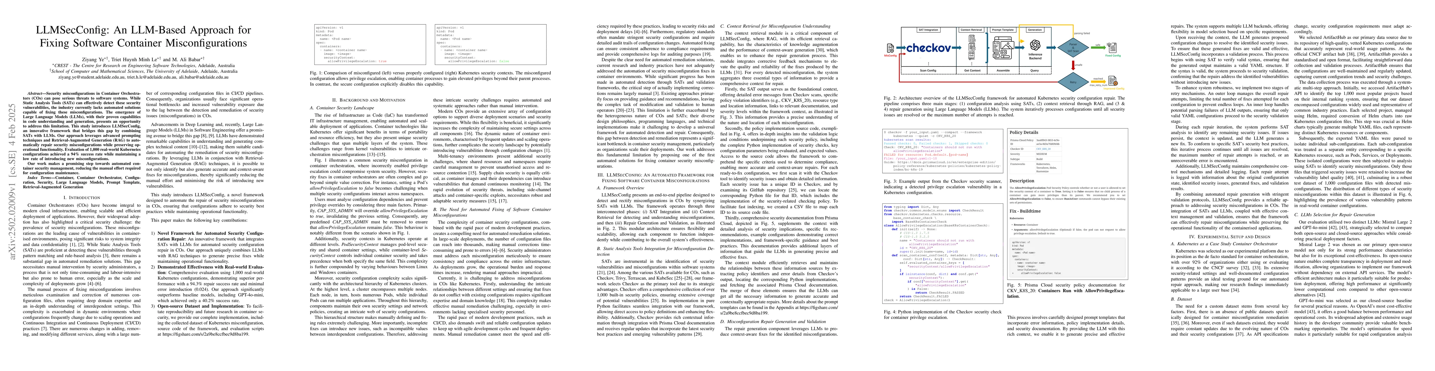 Thumbnail for LLMSecConfig: An LLM-Based Approach for Fixing Software Container
  Misconfigurations