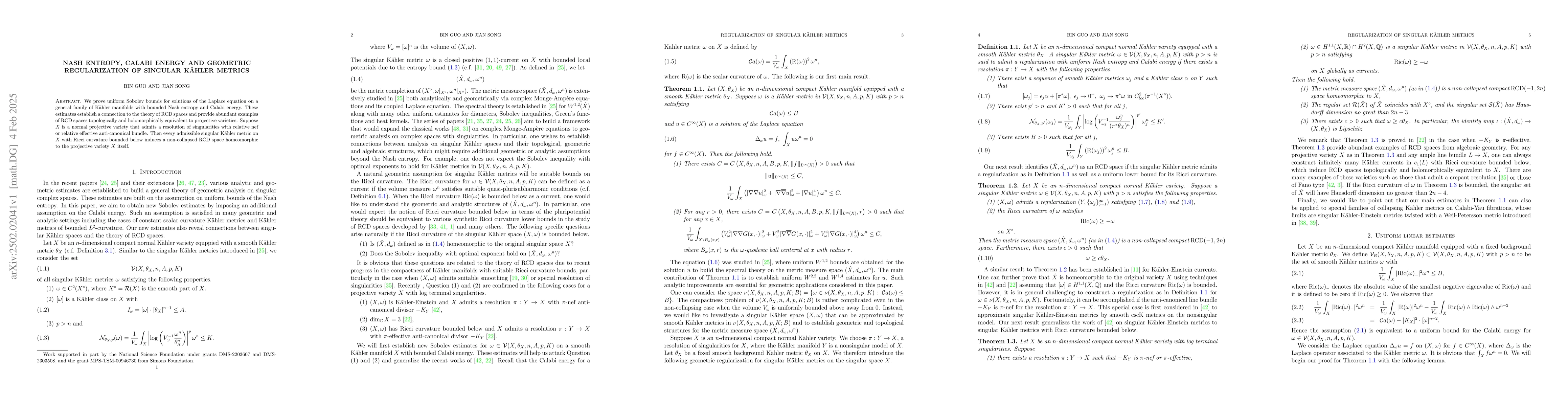 Thumbnail for Nash entropy, Calabi energy and geometric regularization of singular
  Kähler metrics