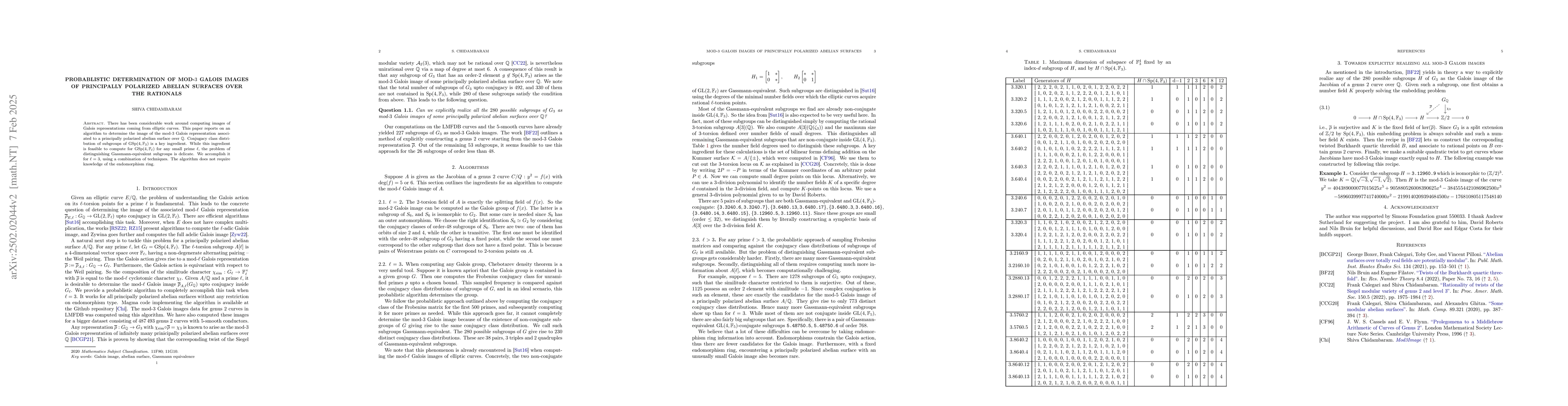 Thumbnail for Probablistic determination of mod-$3$ Galois images of principally
  polarized abelian surfaces over the rationals