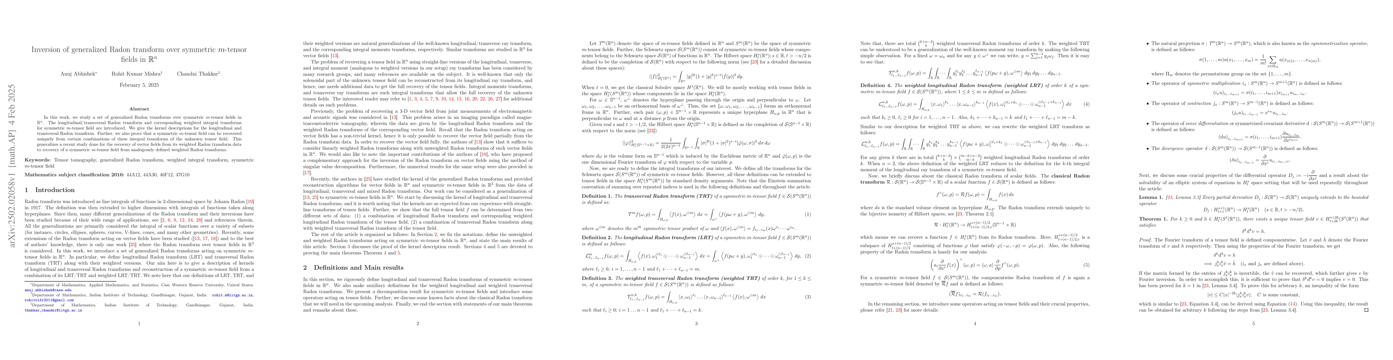 Thumbnail for Inversion of generalized Radon transform over symmetric $m$-tensor
  fields in $\mathbb{R}^n$