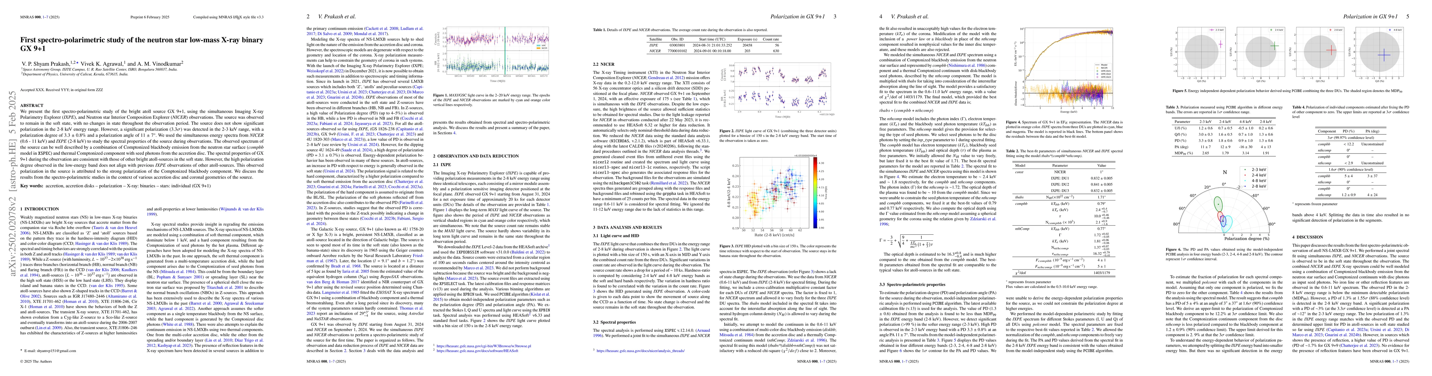 Thumbnail for First spectro-polarimetric study of the neutron star low-mass X-ray
  binary GX 9+1