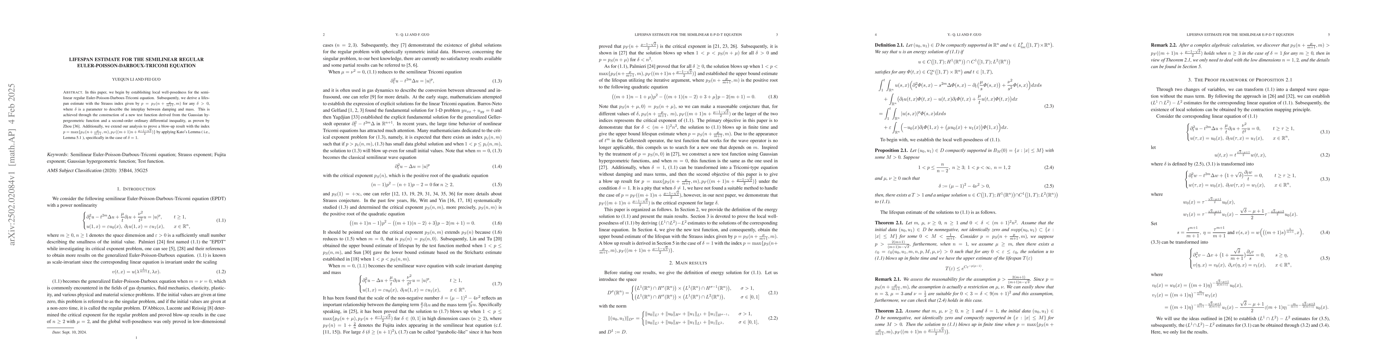 Thumbnail for Lifespan estimate for the semilinear regular
  Euler-Poisson-Darboux-Tricomi equation