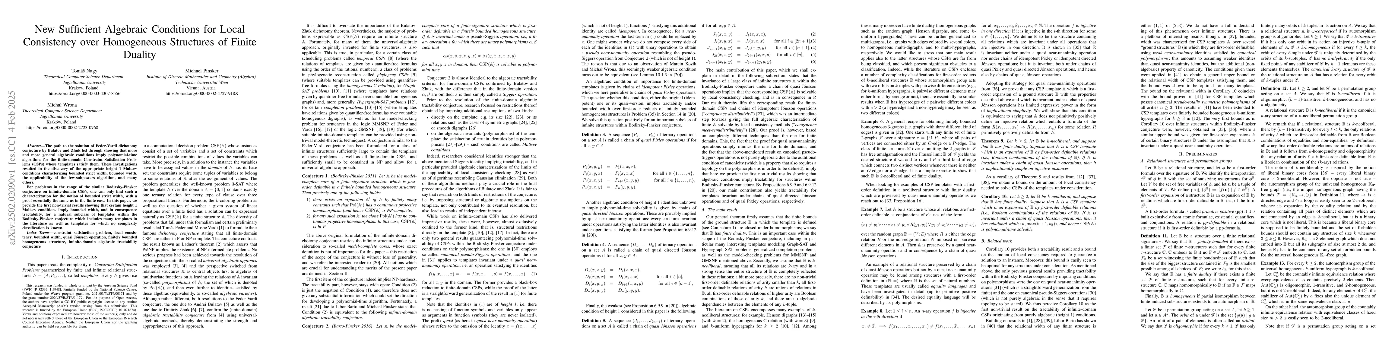 Thumbnail for New Sufficient Algebraic Conditions for Local Consistency over
  Homogeneous Structures of Finite Duality