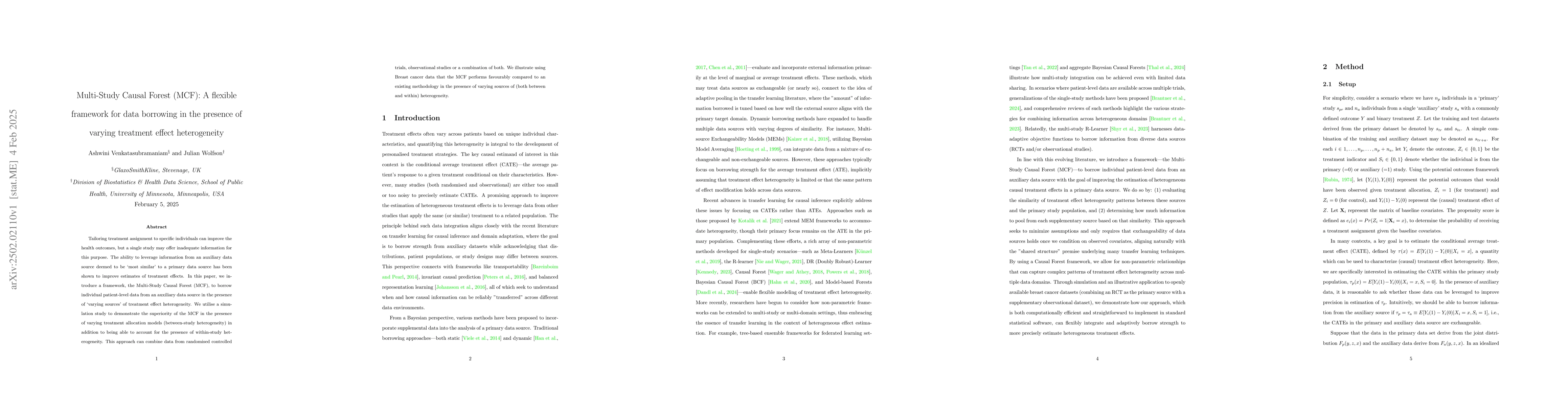 Thumbnail for Multi-Study Causal Forest (MCF): A flexible framework for data borrowing
  in the presence of varying treatment effect heterogeneity