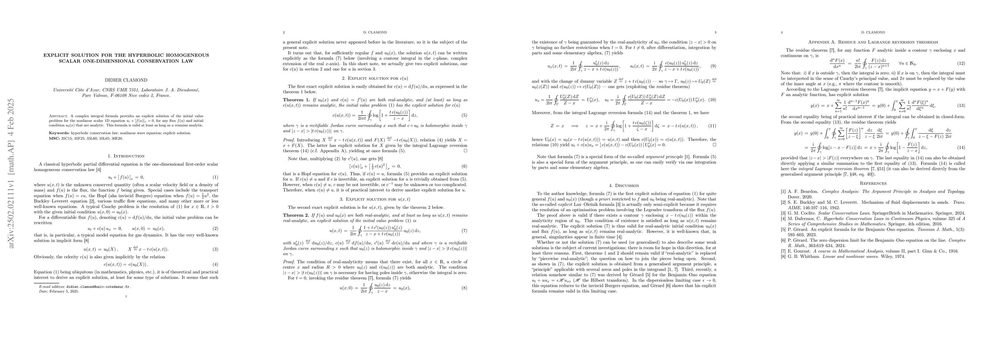 Thumbnail for Explicit solution for the hyperbolic homogeneous scalar one-dimensional
  conservation law