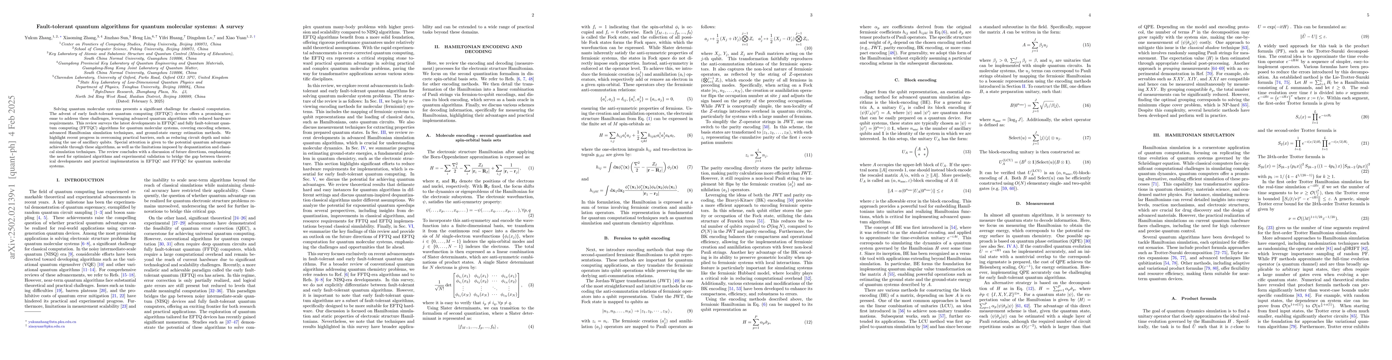 Thumbnail for Fault-tolerant quantum algorithms for quantum molecular systems: A
  survey