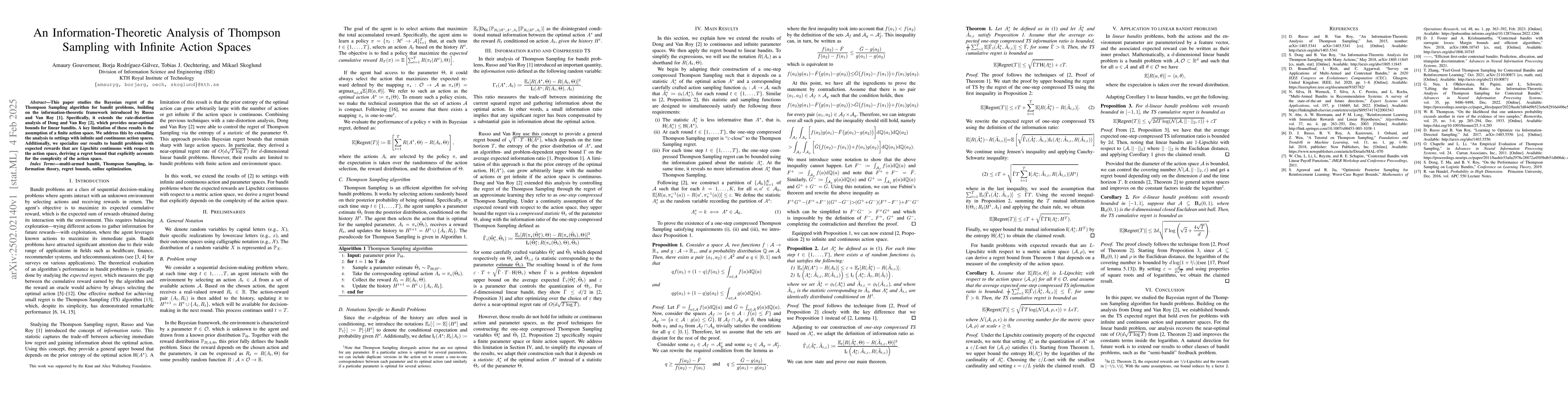 Thumbnail for An Information-Theoretic Analysis of Thompson Sampling with Infinite
  Action Spaces