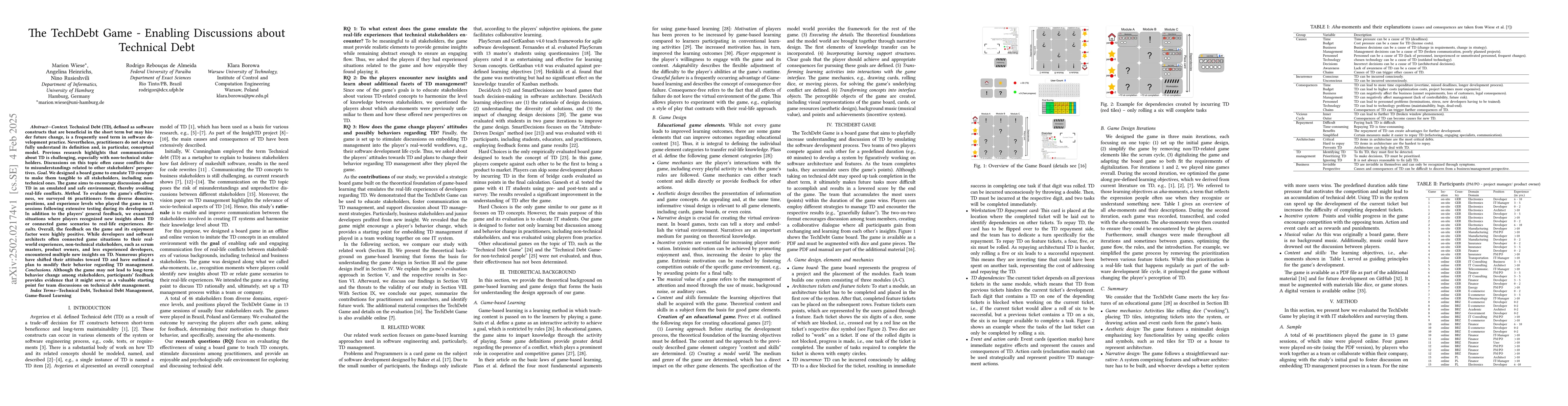 Thumbnail for The TechDebt Game -- Enabling Discussions about Technical Debt