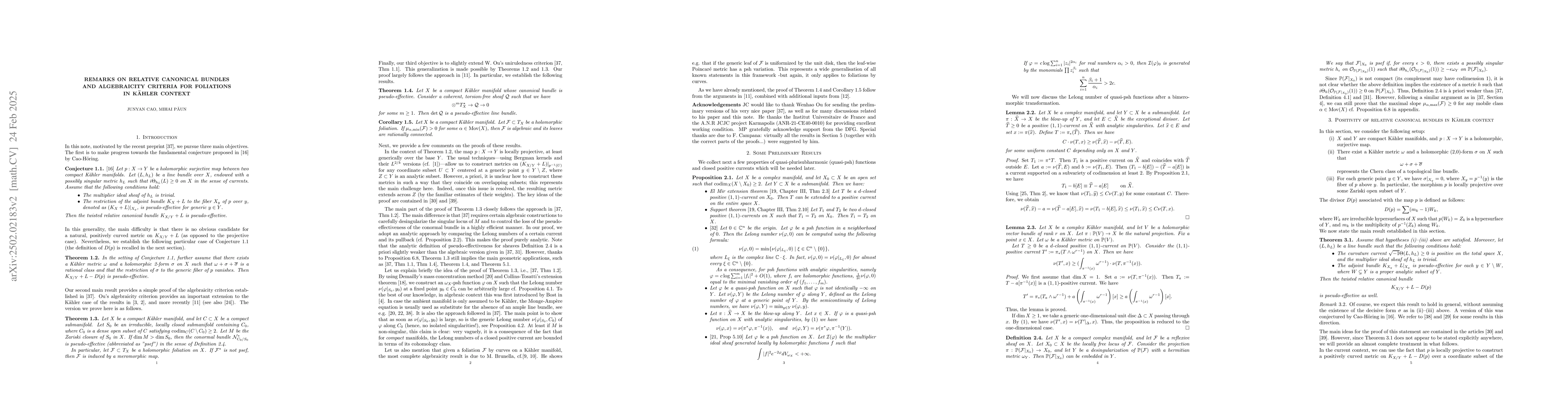 Thumbnail for Remarks on Relative Canonical Bundles and Algebraicity Criteria for
  Foliations in KĂ¤hler context