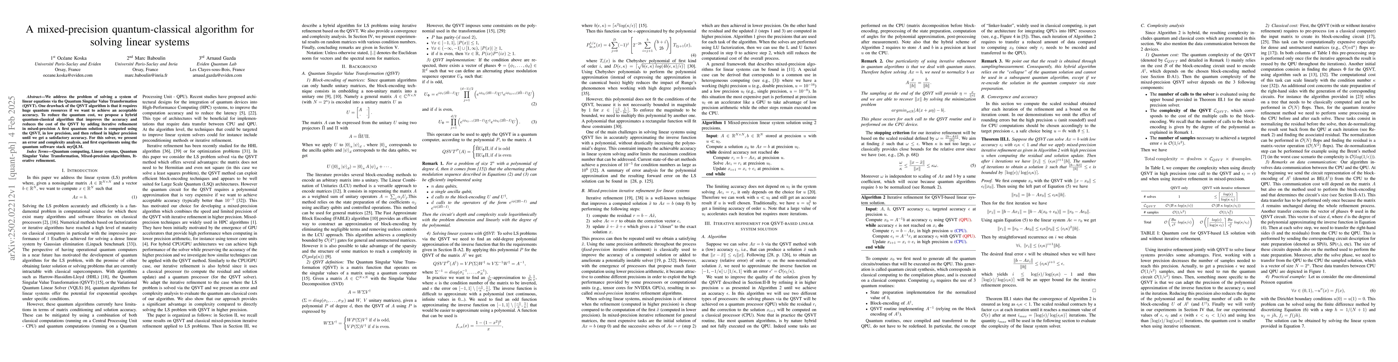 Thumbnail for A mixed-precision quantum-classical algorithm for solving linear systems