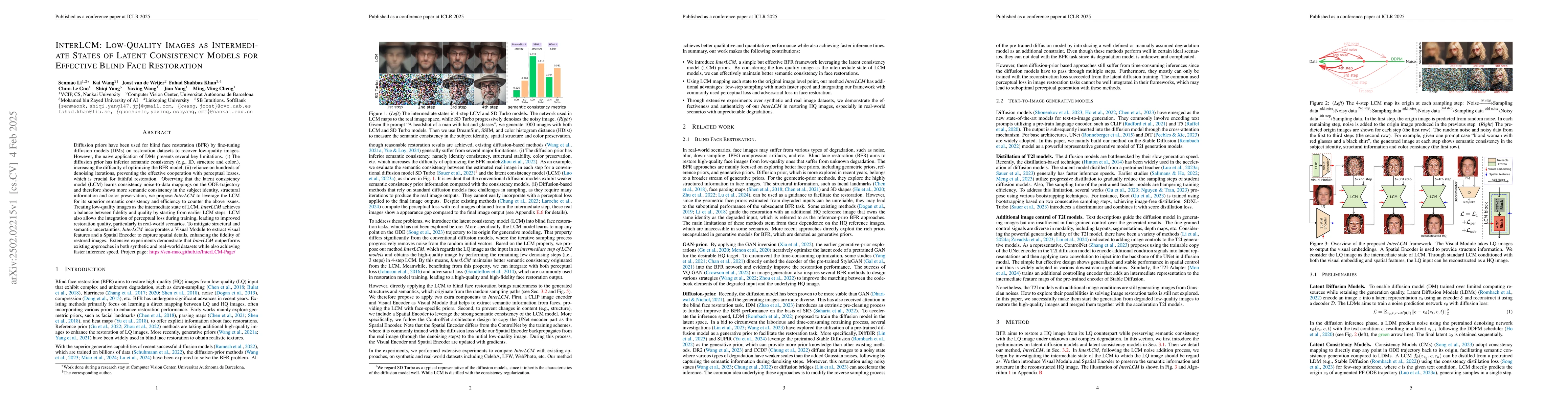Thumbnail for InterLCM: Low-Quality Images as Intermediate States of Latent
  Consistency Models for Effective Blind Face Restoration