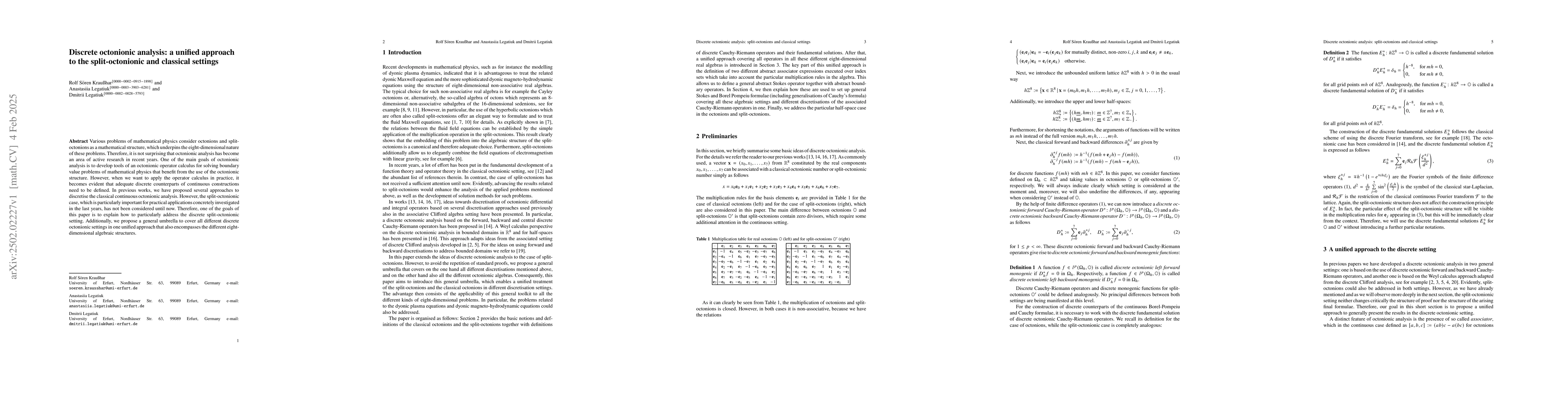 Thumbnail for Discrete octonionic analysis: a unified approach to the split-octonionic
  and classical settings
