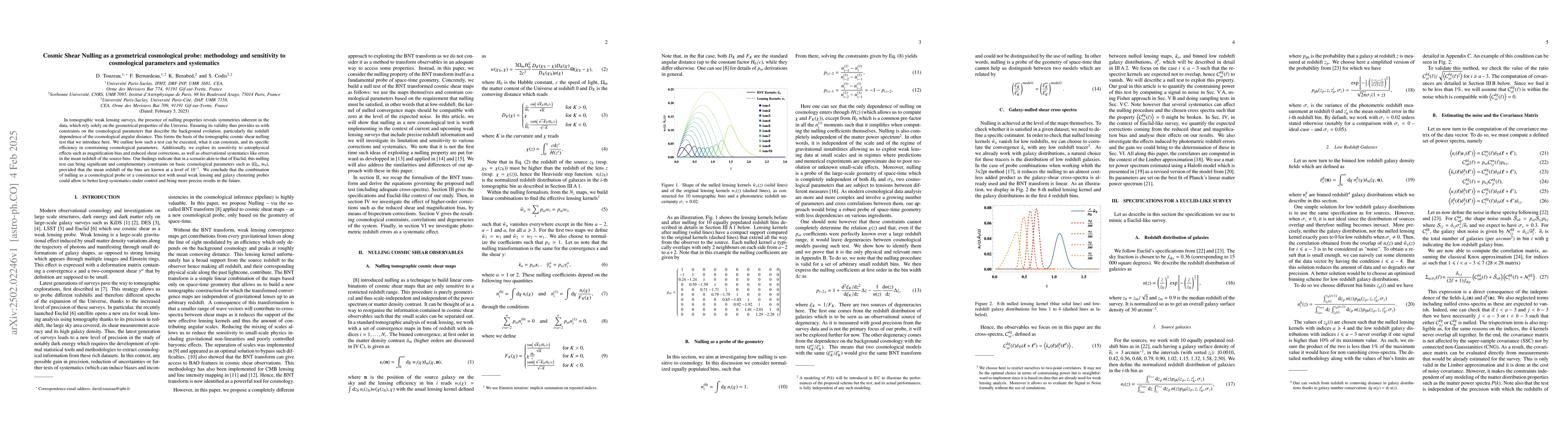 Thumbnail for Cosmic Shear Nulling as a geometrical cosmological probe: methodology
  and sensitivity to cosmological parameters and systematics