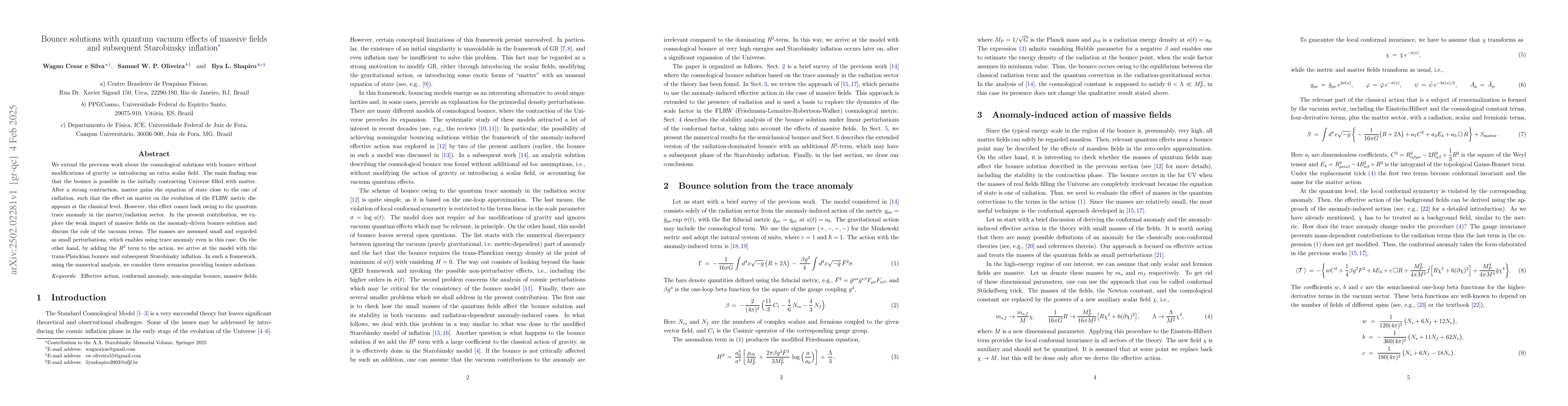 Thumbnail for Bounce solutions with quantum vacuum effects of massive fields and
  subsequent Starobinsky inflation