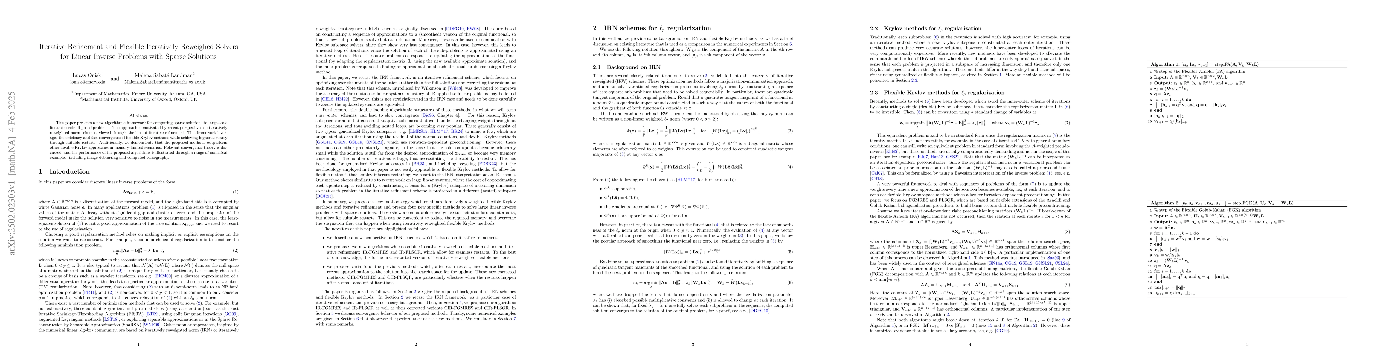 Thumbnail for Iterative Refinement and Flexible Iteratively Reweighed Solvers for
  Linear Inverse Problems with Sparse Solutions