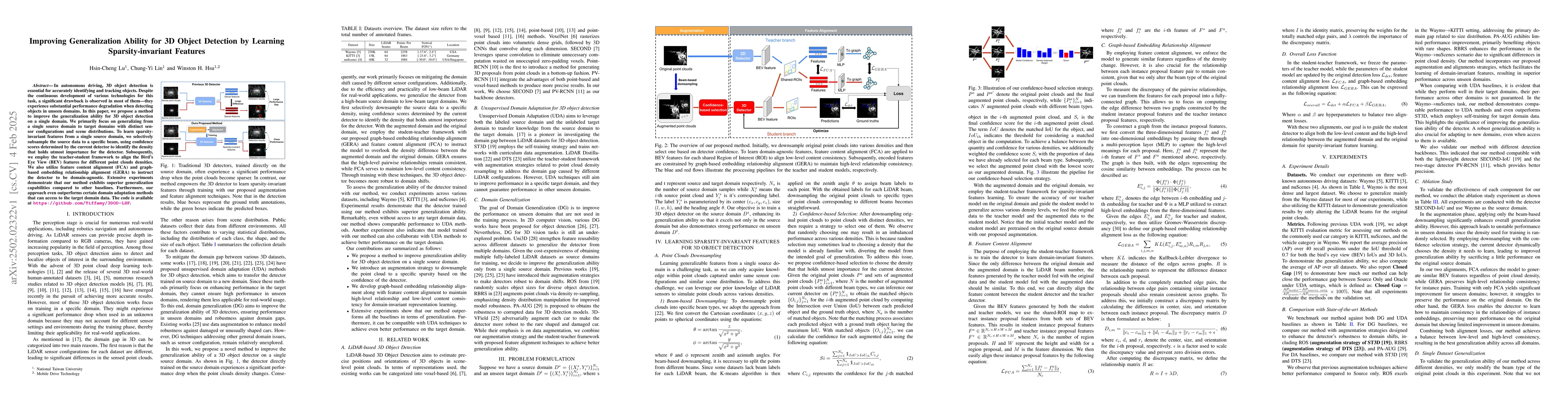 Thumbnail for Improving Generalization Ability for 3D Object Detection by Learning
  Sparsity-invariant Features