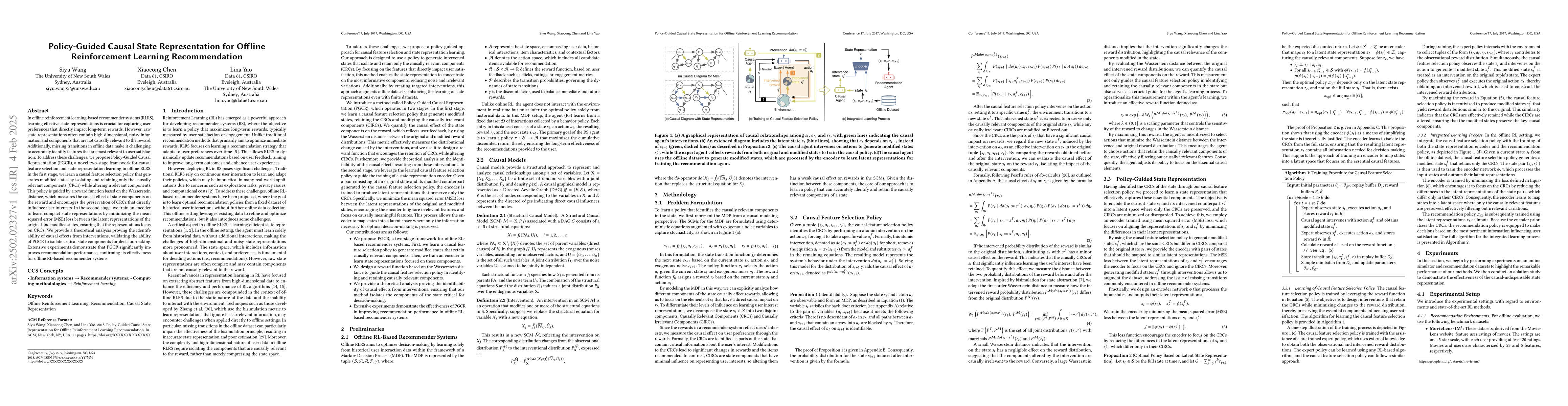 Thumbnail for Policy-Guided Causal State Representation for Offline Reinforcement
  Learning Recommendation